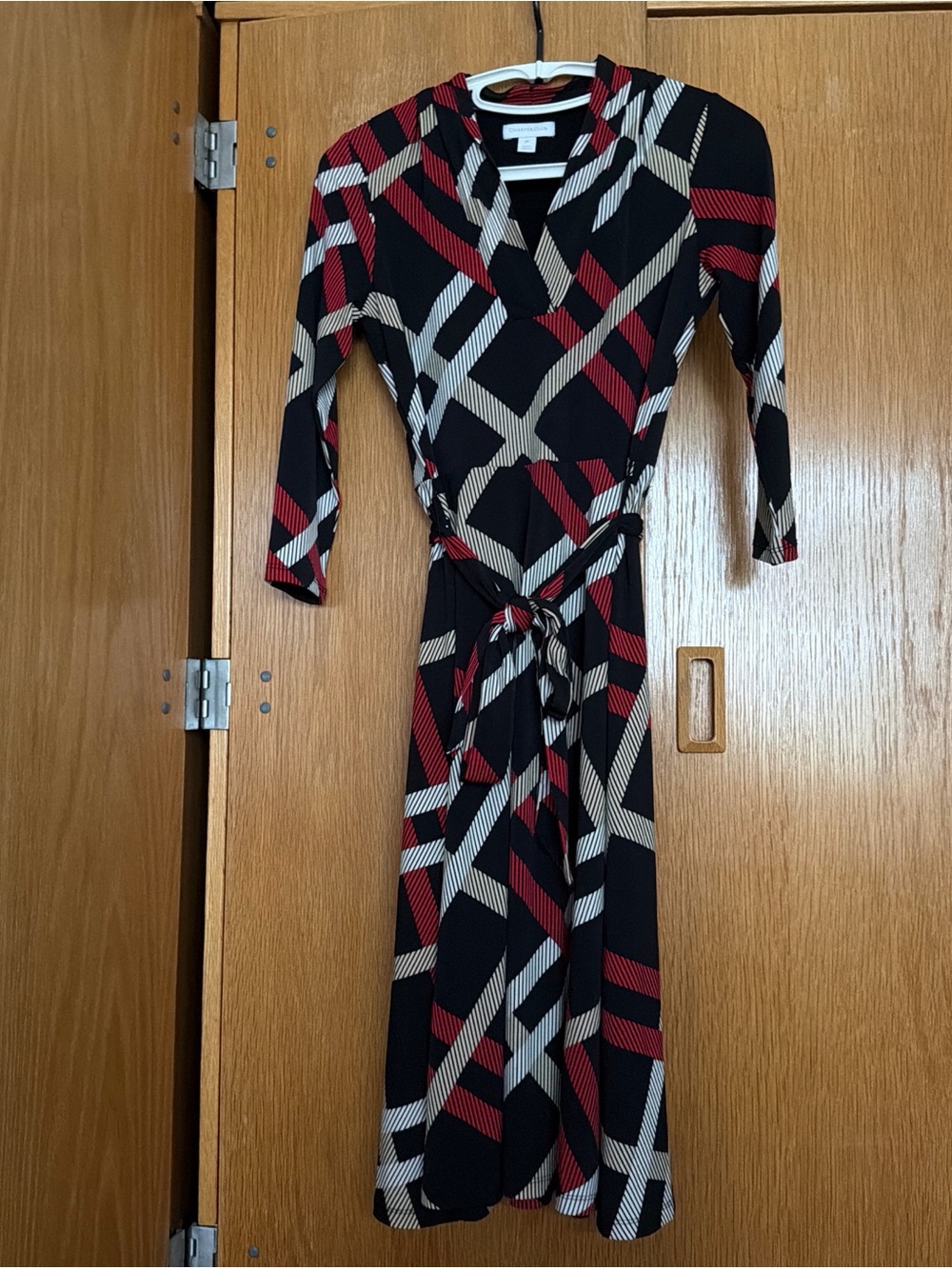 Charter Club Black Wrap Dress with Red and Cream Geometric Stripes